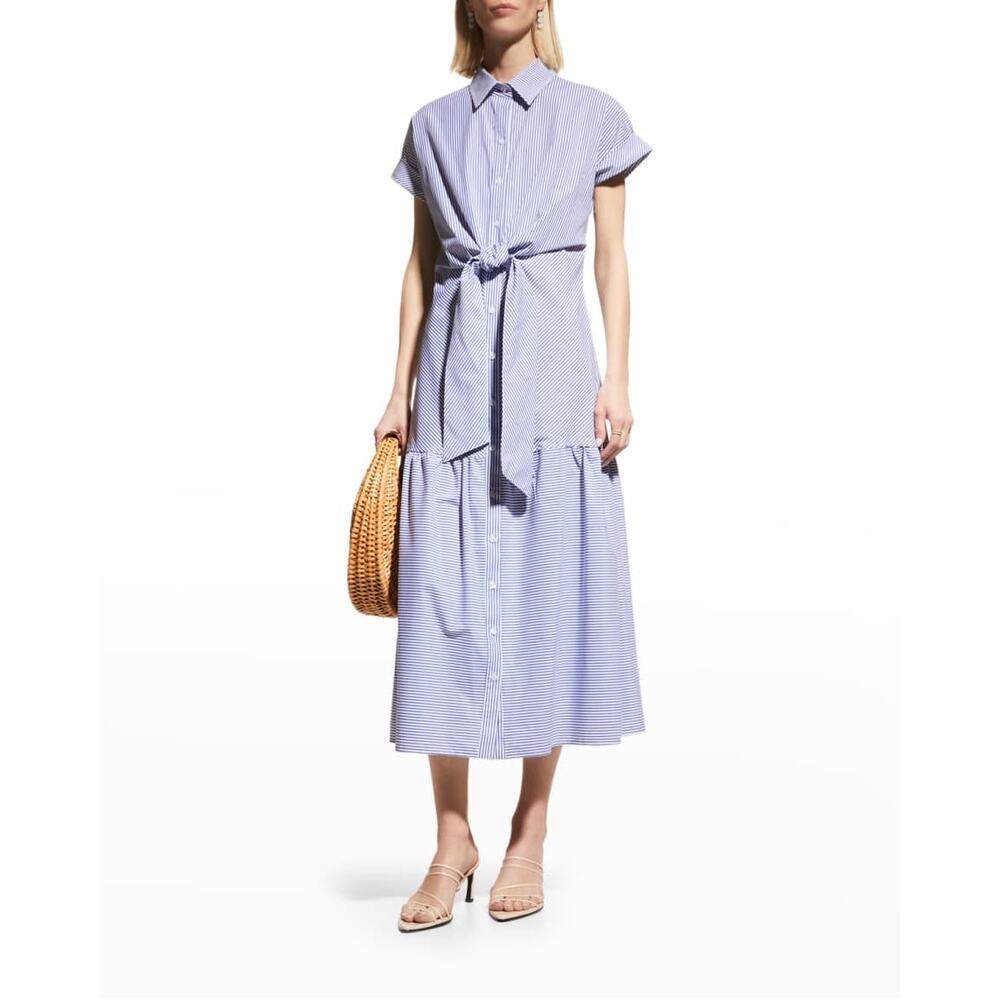 Finley Tara Blue Stripe Tie Shirtdress Midi Short Sleeve Cotton Ruffle Dress XS